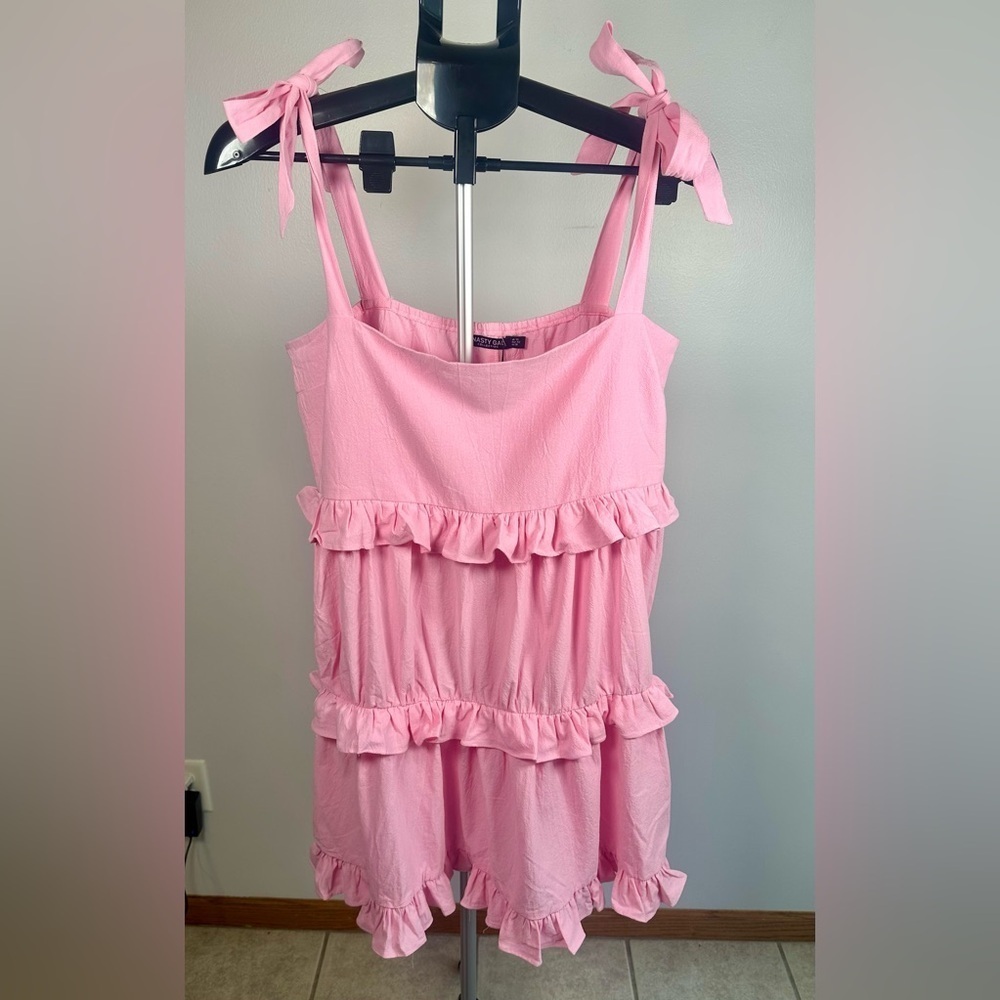 Nasty Gal Blush Pink Linen Look Ruffle Square Neck Mini Dress Size 10